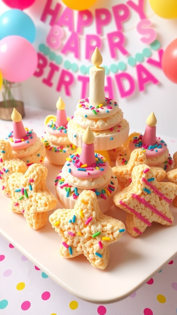 A festive display of rice crispy treats shaped like cakes and stars with colorful sprinkles for a 1st birthday party.